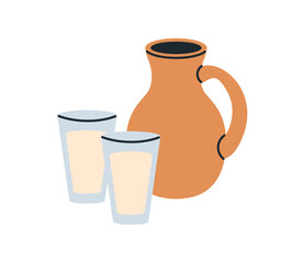 Cow milk in jug and glasses. Fresh healthy natural dairy produce, farm product. Organic beverage in pitcher, ewer, country rustic crockery. Flat vector illustration isolated on white background