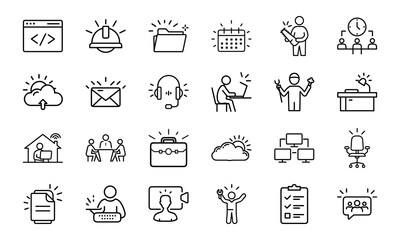 An icon pack featuring a diverse range of outline symbols for business, technology, productivity, and professional services.