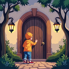Child knocking on door in autumn evening with lanterns and trees for Halloween   
