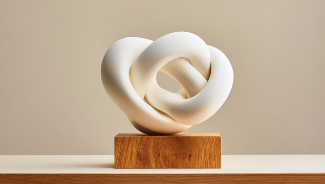 Abstract, knot-like sculpture on a wooden base