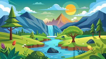 Fototapeta premium Vector art of vibrant cartoon landscape with a winding river flowing through a lush valley towards majestic mountains and a distant waterfall under a bright sun and fluffy clouds
