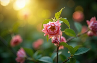 Pink camellia flower blooming in sunlight with green leaves and blurred background