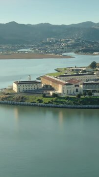 Aerial view of San Quentin Rehabilitation Center, a California state prison for men, located north of San Francisco in the USA, on a sunny day.