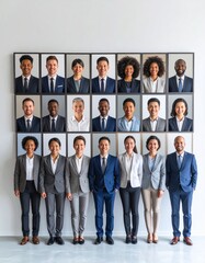 Obraz premium Framed portrait wall showcasing inclusive leadership and team diversity in a modern corporate setting.