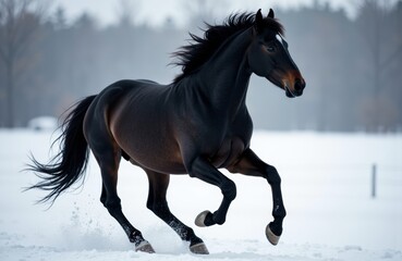 A black horse galloping through snow in a winter landscape