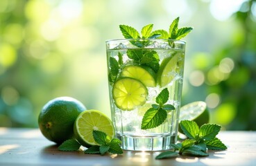 Refreshing lime and mint infused water in a clear glass with fresh citrus and herbs on a wooden surface