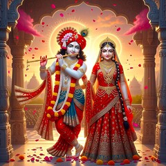 vibrant digital illustration of Lord Krishna and Radha in traditional attire, standing together in a temple, symbolizing divine love and devotion.