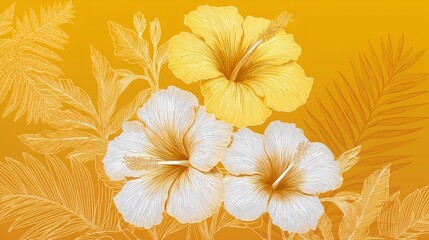 Intricate line-art illustration of hibiscus flowers and tropical foliage in white and golden tones on a vibrant orange background for botanical and decorative design