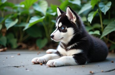 Cute Siberian Husky puppy lying on the ground with green foliage in the background