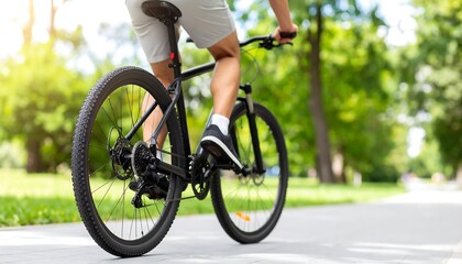 Obraz premium Cyclist enjoying a sunny ride through a lush green park on a paved path