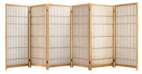 Light-colored wooden room divider with vertical panels and a grid pattern