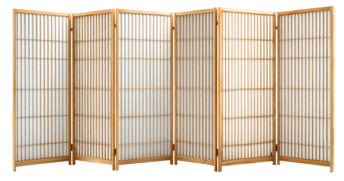 Light-colored wooden room divider with vertical panels and a grid pattern