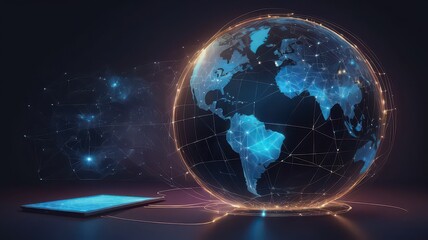 A glowing earth globe with network connections and a tablet on a dark background surface