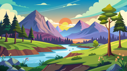 Vector art of serene cartoon landscape showcasing majestic purple mountains, a flowing river, verdant trees, and a colorful sunset sky, creating a peaceful natural vista