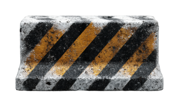 Concrete road barrier with diagonal black and yellow safety stripes isolated on transparent background, png