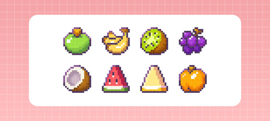 Pixel art fruit set - retro 8 bit style watermelon slice and melon, kiwi and grapes, coconut , banana bunch near apple icons. Colorful gaming food for mobile apps, indie games or digital design.