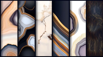 Abstract set of vertical mineral-inspired textures with flowing lines, marble patterns, and luxurious earth-toned color palette