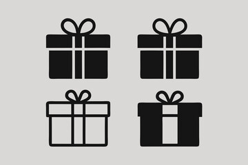Four simple black gift box icons with ribbons on a light gray background