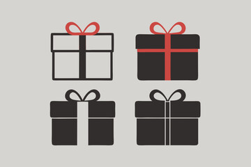 Four stylized gift boxes with ribbons and bows on a light gray background