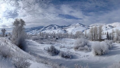Frosty winter landscape, snow-covered valley, mountains in background