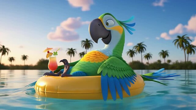 Relaxed Cartoon Parrot On Pool Float With Tropical Drink, Suitable For Summer Animation Scenes Or Visual Branding
