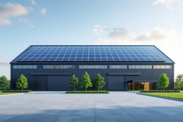 Modern Warehouse Building with Solar Panels on Roof