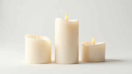 Three elegant, cream-colored candles on a plain background.