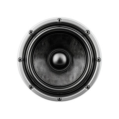 Powerful audio speaker with metallic finish and black frame for high-quality sound isolated on transparent background, png