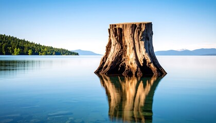 Tranquil tree stump reflecting on calm lake