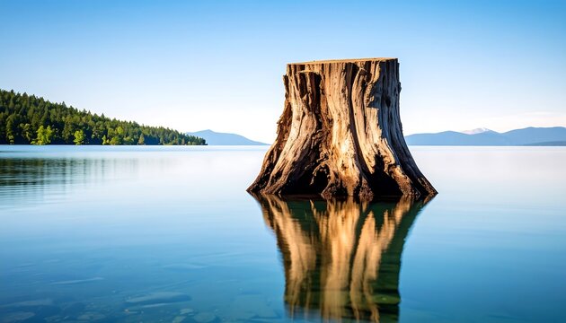 Tranquil tree stump reflecting on calm lake