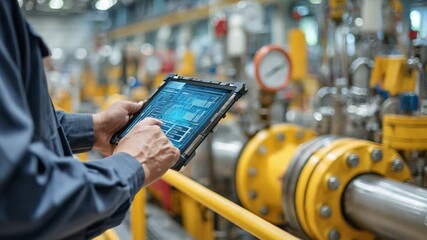 Tech-Savvy Technician: A skilled technician expertly operates a digital tablet amidst a complex network of industrial machinery.