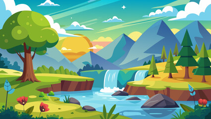 Naklejka premium Vector art of enchanting cartoon depiction of a natural landscape with mountains, a river, a waterfall, trees, and flowers under a colorful sunset sky, highlighting serene beauty