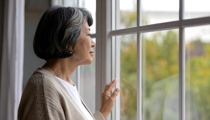 A woman gazes thoughtfully out a window, lost in contemplation