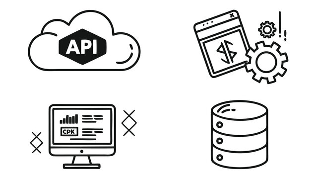 Illustration showing cloud api, data transfer window, gear, analytics on computer and database icon