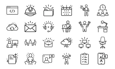 An icon pack featuring a diverse range of outline symbols for business, technology, productivity, and professional services.