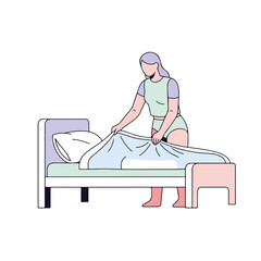 Woman making bed in comfortable home, neatly straightening sheets with pillow. Woman making bed as part of her daily routine. Enjoy feeling of comfort when woman making bed,