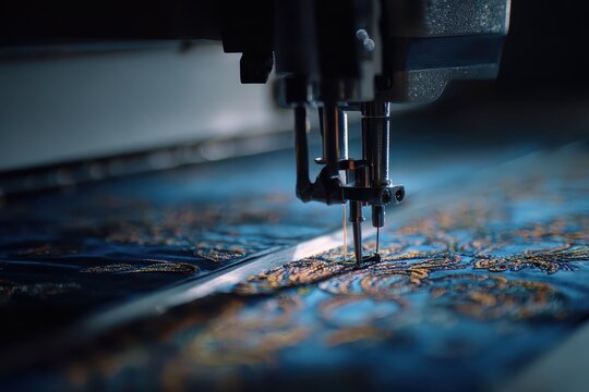 Sewing machine embroiders detailed fabric in a workshop, textile industry at work