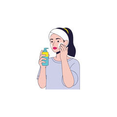 Obraz premium Woman washing face with cleansing foam, a vital part of daily skincare routine. Woman applying foam to cleanse skin gently using cotton pad. Beautiful woman washing face,
