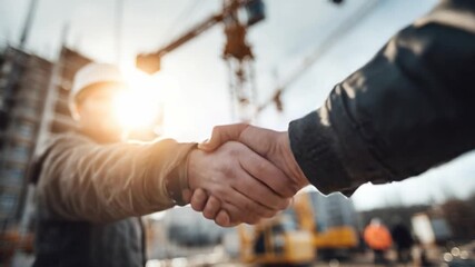 Construction Handshake: A close-up shot shows a handshake between two construction workers at a construction site. Capturing trust, collaboration, and agreement on the building