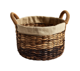 Woven straw basket with burlap lining and handles isolated on transparent background, png
