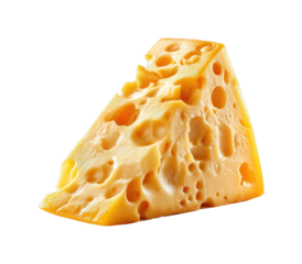 Swiss cheese wedge featuring characteristic large holes isolated on transparent background, png