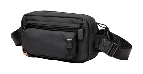 Naklejka premium Black nylon fanny pack with zippers and adjustable strap for convenience and style isolated on transparent background, png