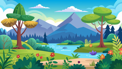 Naklejka premium Vector art of charming cartoon depiction of a serene natural landscape with imposing mountains, a tranquil river, verdant trees, and scattered wildflowers