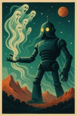 Halloween-themed image of a giant retro robot summoning glowing ghostly spirits under starry skies and a red moon in a rocky desert landscape with mountains