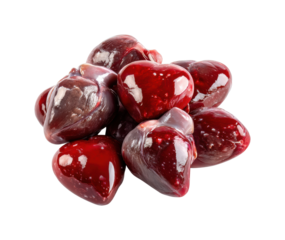 Shiny raw chicken hearts cluster isolated on transparent background, png
