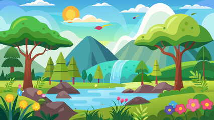 Naklejka premium Vector art of idyllic cartoon scenery featuring rolling hills, a winding river, and distant mountains, bathed in sunlight with fluffy clouds, perfect for a peaceful natural backdrop