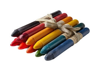 Vibrant bundle of wax crayons tied with burlap string isolated on transparent background, png