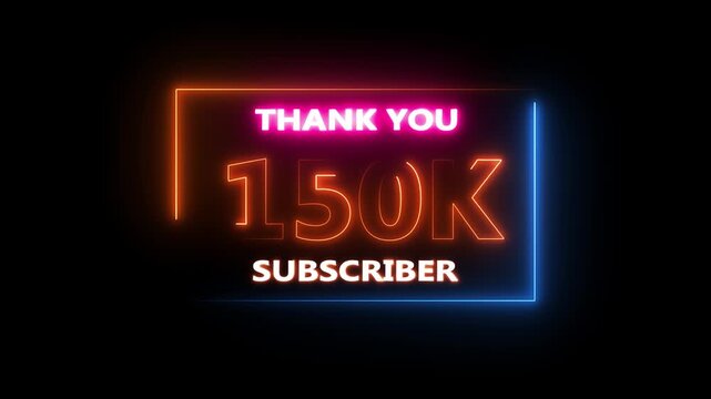 Neon purple animated thank you message for 150k subscriber on black background.