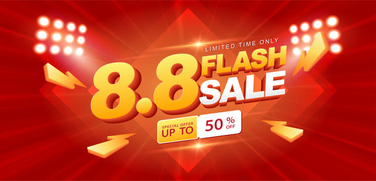 8.8 discount shopping Day flash sale promotion banner. Online shopping, discount campaign, limited time offers, special Offer coupon, voucher, banner template, websites, social media advertising.