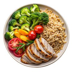 plate divided into sections with fresh vegetables, lean proteins, and whole grains, symbolizing a healthy